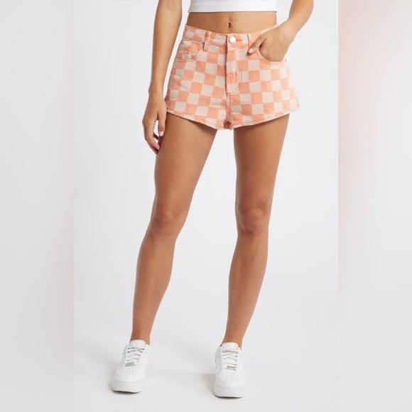 NASTY GAL Orange Checkerboard High Waist Shorts 🍑 - Picture 1 of 6